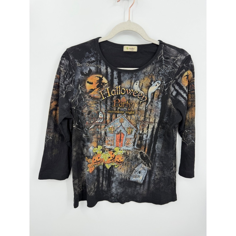 Cactus Halloween Party Graphic Top Women XL Black 3/4 Sleeve Haunted House Witch